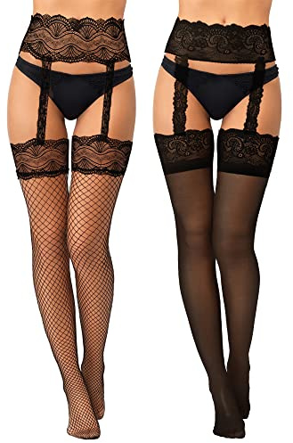 Geyoga 2 Paar Netz Strapsstrümpfe Damen Oberschenkel Strumpf mit Strumpfhalter Mädchen Halterstrümpfe mit Floral Spitze (Schwarz)