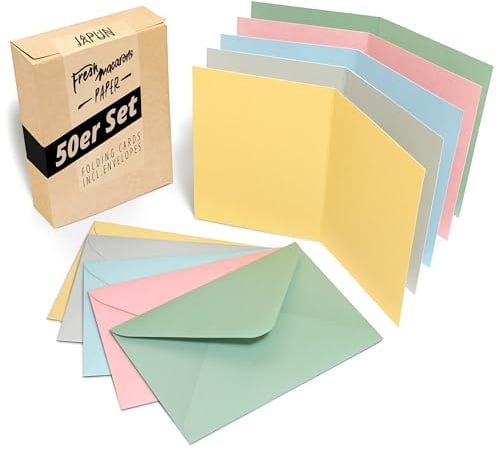 Japun - 50er Set blanko Falt-Karten inkl. Briefumschläge, Klapp-Karten zum gestalten, beschriften oder bedrucken - DIN A6 / C6 - pastell mix bunt