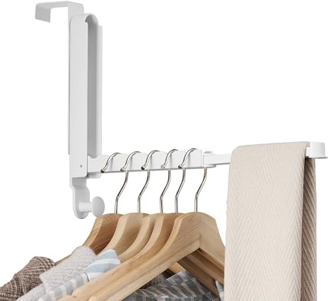 RFOUO Wäscheständer, faltbar, passend für Türen bis zu 37 mm, optimal, Türhänger mit einziehbarer Stange, Haken für Wäsche, Badezimmer, Schlafzimmer, Reisen, Weiß, 1 Stück