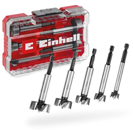 Original Einhell M-CASE 5-tlg. Forstnerbohrer-Set (aus C65 Stahl, E 6.3 Schaft, Querschneide, Zentrierspitze, konische Kopfform, 4-seitig geschlossene Vorschneide inkl. Aufbewahrungsbox)