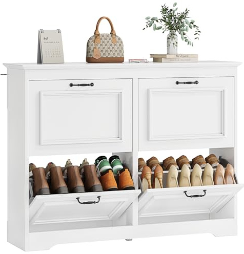 Brinlawb Schuhschrank Weiß Schuhkipper mit 4 Klappen, Schuhkommode Schuhregal mit Trennwände verstellbar und abnehmbar, für 18-24 Paar Schuhe, Schuhschrank Holz für den Eingang, Flur, Wohnzimmer Weiß
