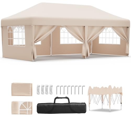 JUMMICO Pavillon 3x6 Wasserdicht Stabil Winterfest Höhe Verstellbar,Faltpavillon Partyzelt mit 6 Seitenwänden,Pavillion UV Schutz 50+,Gartenpavillon Faltzelt für Party,Hochzeit,Garten, Innenhof,Beige