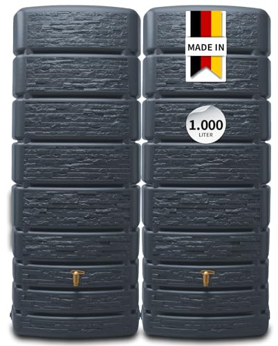 4rain Slim Stone Decor Regentonne Set 1000 Liter Graphitgrau – 2X Regenfass/Wassertank 500 Liter mit Verbinder + Hahn – Frostsicherer Regenwassertank/Regenwassertonne - Wassertonne für Garten