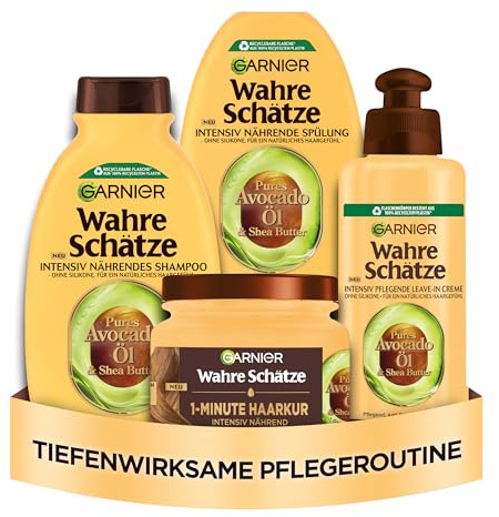 Garnier Wahre Schätze Pflegeset mit Shampoo, Spülung, Maske und Leave-In, Mit Avocado-Öl und Shea-Butter für sehr trockenes, welliges, lockiges und dickes Haar, Für alle Lockentypen geeignet
