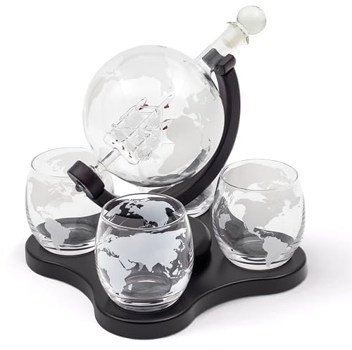 Hanseküche Whiskey Karaffe Set – Globus Dekanter 900ml mit 4 Whisky Gläsern – Edles Whisky Dekanter Set für Männer – Whiskey Geschenkidee zum Geburtstag, Vatertag oder Weihnachten
