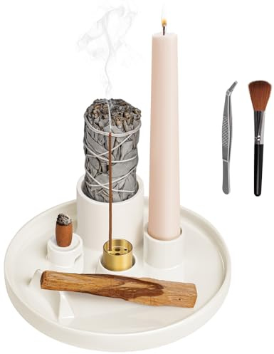 Luvan 5-IN-1Multifunktionaler Keramik-Räucherstäbchenhalter mit Ascheschale, Räuchergefäß für das Verbrennen von Salbei, Palo Santo, Räucherstäbchen und Räucherkegeln, für Yoga, Meditation, Zen