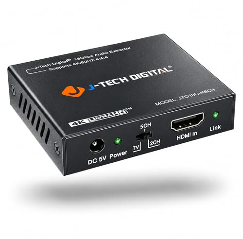 J-Tech Digital 4K 60HZ HDMI Audio Extractor Converter SPDIF + 3,5 mm Ausgang unterstützt HDMI 2.0, 18 Gpbs Bandbreite, HDCP 2.2, Dolby Digital/DTS Passthrough CEC, HDR10 [JTD18G-H5CH]
