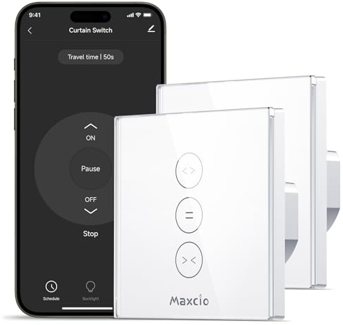 Maxcio WiFi Touch Rolladensteuerung für Smart Home mit Sprachsteuerung | Kompatibel mit Alexa/Siri, App-Timer für Markise & Jalousie, 86x86x34mm, Feuerfest ABS, 240V 10A, Nullleiter, Weiß 4 Packs