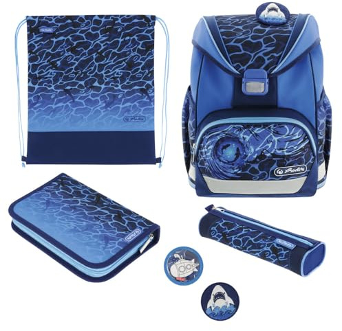 herlitz Schulranzen Set 6-teilig "Blue Shark" Ergonomische Ultraleichte Schultasche 1.Klasse Junge Mädchen Kinder 16 L