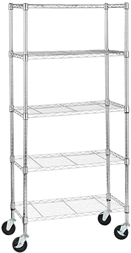 Amazon Basics Lagereinheit mit 5 Regalböden, mittelgroß auf 10,2 cm großen Rollen mit höhenverstellbaren Einlegeböden und Nivellierfüßen, max.680 kg Gewicht, Chrom, 35.6 x 76.2 x 164.5 cm (T x B x H)