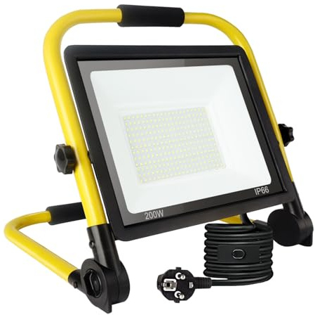 200W Led Baustrahler,21600 LM Superhelle Arbeitsleuchte,Tragbares Baustrahler,6000k TageslichtWeiß,Ip66 Wasserdicht,Eu-Stecker Bauleuchten mit 3.5M Kabel und Schalter für Werkstatt,Garage,Garten