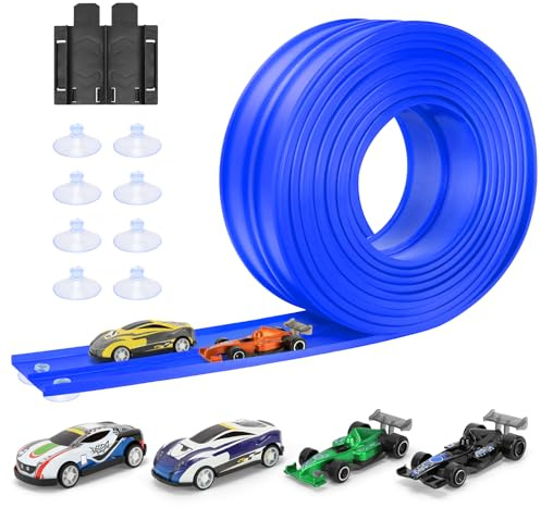 Autorennbahn 5M Inklusive 4 Autos: KETIEE Flexible Rennstrecke Auto Rennbahn Spielzeug Autobahn Kinder Rollt Auf Tragbare Dual Rennstrecke Rampen für 1/64th Autos für Alter 3+, Blau