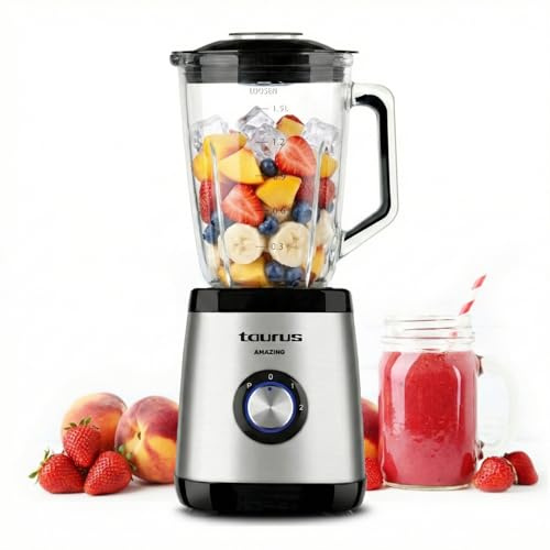 Taurus Standmixer AMAZING | 1500W | 1,5L Fassungsvermögen | 4 Klingen aus rostfreiem Edelstahl | 2 Geschwindigkeitsstufen | zusätzliche Turbofunktion | Glasbehälter mit Skalierung | elektrisch