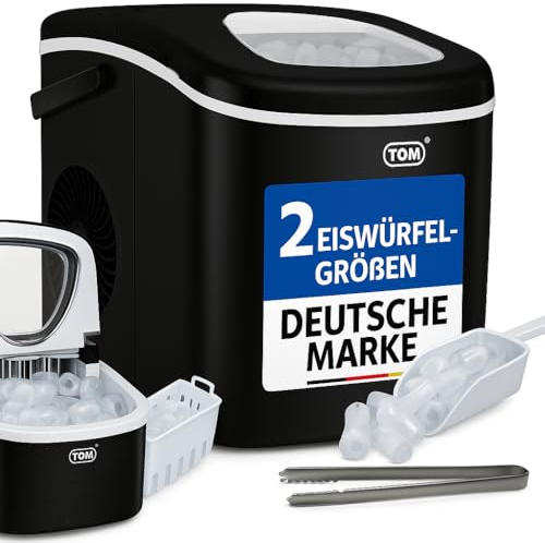 TOM Eiswürfelmaschine – 9 Eiswürfel in 6-8 min – 12 kg/24 h – 2 Würfelgrößen – Ice maker Eiswürfelmacher mit 1,3 l Wassertank – LED-Display – Inkl. Zubehör & Eiszange als Geschenk – Eiswürfelmaschine
