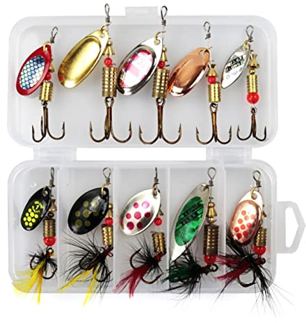 Angelköder 10pcs Multi-farbige Angelspinner Köder Löffel Köder Set für Forellen, Pike, Bass & Lachs mit Box