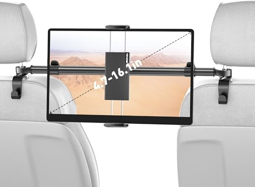 TRYONE Tablet Halterung Auto Mitte, Tablet Kopfstützenhalter - Universal verstellbare KFZ Tablet Halter für iPad Serie/Samsung Galaxy Tabs/Switch Handys usw. 4,7-12.9 Zoll Geräte/Mit 2 Haken