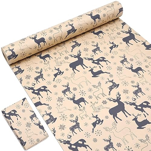 OTMVicor Rolle Geschenkpapier für Weihnachten, 15 m, recycelbares Geschenkpapier, 43 cm breit, bedrucktes Kraftpapier mit dunkelblauem Elch und Schneeflockenmuster für Geschenkverpackung