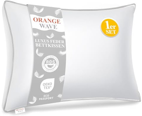 Orange Wave Kopfkissen 50x70 cm Federkissen – 3-Kammer Daunenkissen 50x70, Kissen mit Daunen und Federn, Bettkissen, RDS & ÖKO-TEX, doppelte Kombination aus Weichheit und Stützkraft