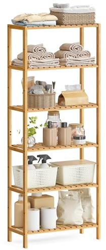 SONGMICS Badezimmerregal, Badregal, Küchenregal, Schuhregal mit 6 Ebenen, Standregal aus Bambus, 26 x 60 x 160,9 cm, für Bad, Wohnzimmer, Flur, Küche, naturbeige BCB036Y01