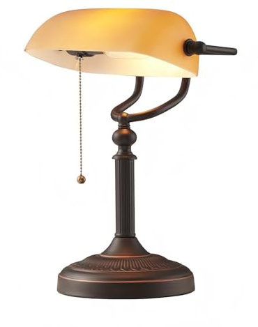 Newrays Banker-Schreibtischlampe aus bernsteinfarbenem Glas | Zugkettenschalter-Einsteckvorrichtung