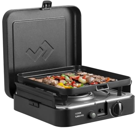 CADAC 1 Cook Turbo FFD Flachplatte 50 mbar Grill | Edelstahlkochfläche, mit Schutzhaube, Camping, Grillmuss-Have