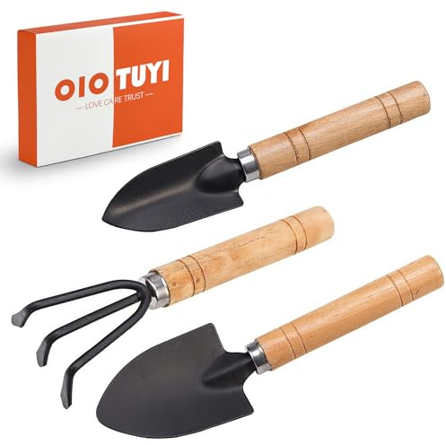 OioTuyi Mini Gartenwerkzeug Set, 3-teilige Gartengeräte mit Mini Schaufel und Harke, Kinder und Zimmerpflanzen Zubehör, Edelstahlschaufeln für Miniatur Garten und Bonsai Pflanzen