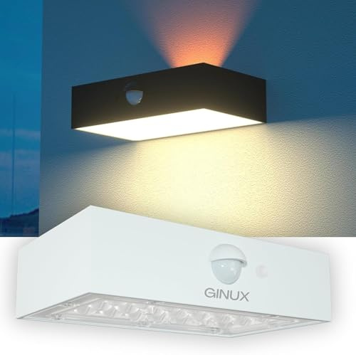 GINUX Solarlampe Außen mit Bewegungsmelder, 350 Lumen dekorative Solar Wandleuchte für Garten, 21-LED, Zaun & Terrasse | IP65 Wetterfest, Solarstrahler mit Dämmerungssensor (30W Weiss)