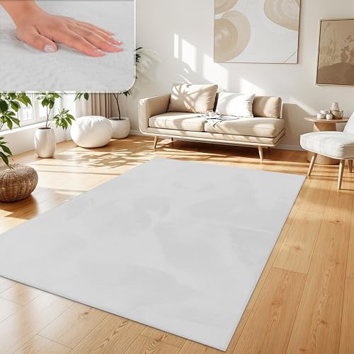 Paco Home Teppich Wohnzimmer Kunstfell weich waschbar modern elegant pflegeleicht Felloptik Uni Seidenglanz flauschig Hochflor, Grösse:120x160 cm, Farbe:Weiß