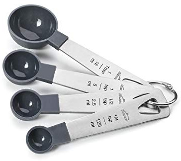 Lacor - 67037 - Set mit 4 Löffeln, Messlöffel für Flüssigkeiten und Lebensmittel, Backwaren, Edelstahl und Polypropylen, stapelbar, Maße in ml, tsp, tbsp, BPA-frei, spülmaschinenfest, Grau