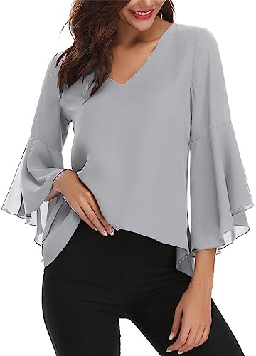 Gyabnw Chiffonbluse Damen V Ausschnitt 3/4 Arm Volantärmel | Leichter Chiffon, ausgestellte Volantärmel, lockere Tunikaform, für festliche Anlässe