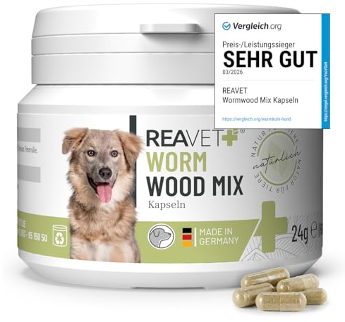 TESTURTEIL SEHR GUT 2026 ReaVET Wurm-Kraut Kapseln 50 Stück - für Hunde, mit echtem Wurmkraut (Artemisia Absinthium) in rezepturbasierter Pflanzenformel, geeignet für Hunde Aller Rassen