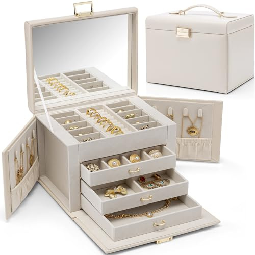 VLANDO Schmuckkasten Schmuckbox Groß mit 4 Ebenen, Schmuckschatulle PU Leder, Schmuckkästchen mit Spiegel und Schubladen, Schmuck Organizers, Innenfutter aus Samt, Hellgelb