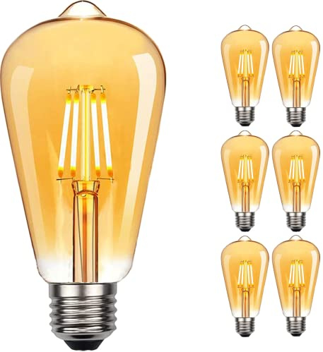 NUODIFAN Edison Vintage Glühbirne, 6 Stück Edison LED Lampe Warmweiß E27 Retro Glühbirne Ideal für Nostalgie und Retro Beleuchtung im Haus Café Bar usw