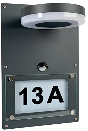 Grafner 2in1 Edelstahl Wandlampe mit beleuchteter Hausnummer und Bewegungsmelder, Dämmerungssensor, KEIN ROST – pulverbeschichtet, schwarz, Hausnummernleuchte Wandleuchte anthrazit