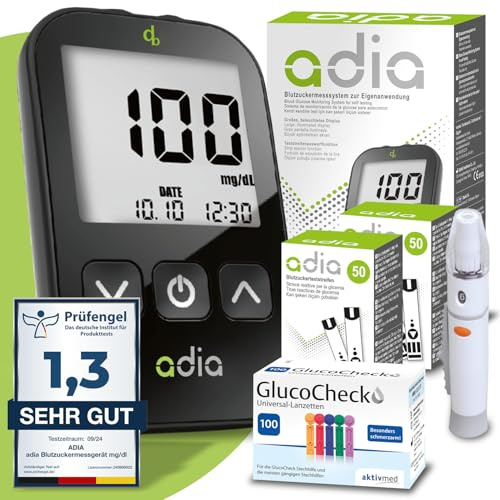Maxi-Sparset adia Blutzuckermessgerät (mg/dL, in Deutschland gebräuchlich) + 110 Blutzuckerteststreifen, 110 Lanzetten, Stechhilfe & Etui – zur Blutzucker-Selbstkontrolle bei Diabetes