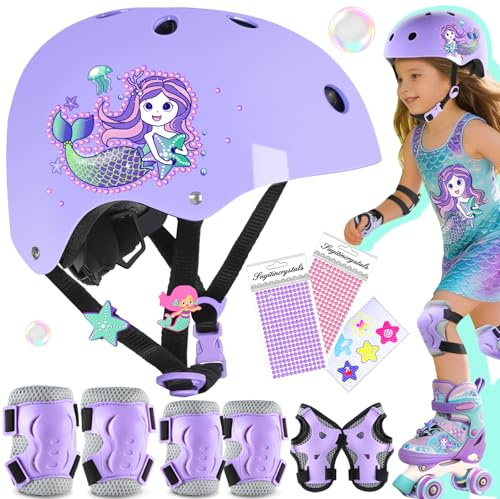 Meerjungfrau Fahrradhelm Kinderhelm für Mädchen Kinder Skaterhelm Reithelm Verstellbar mit Kinder Protektoren Schutzausrüstung Knieschoner Set für Fahrrad Skateboard Scooter Roller