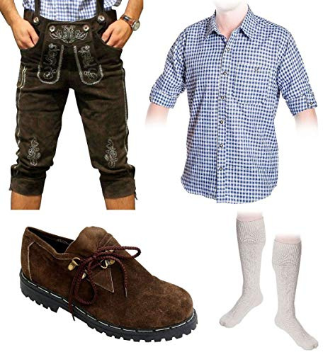 Herren Trachten Set A 5-teilig Trachten Lederhose dunkelbraun 46-60 Trachtenhemd Schuhe Socken