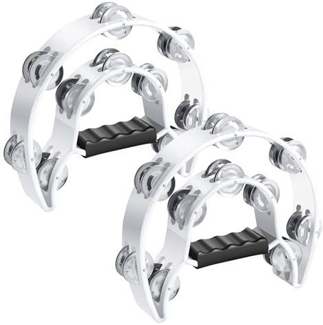 Flexzion Tamburin Metall Halbmond Musikinstrumente Zweireihige Metallschellen Handinstrumente Percussion mit ergonomischem Griff, Tamburine für Erwachsene, 2 Packungen - Weiß