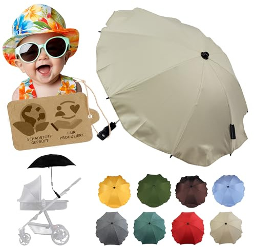 BambiniWelt by Rafael K. Sonnenschutz universal [Sonnenschirm für Kinderwagen] Buggy UV Schutz 50+ mit Universalhalterung biegsamer Schirm für Rund- und Ovalrohre verstellbar (beige)