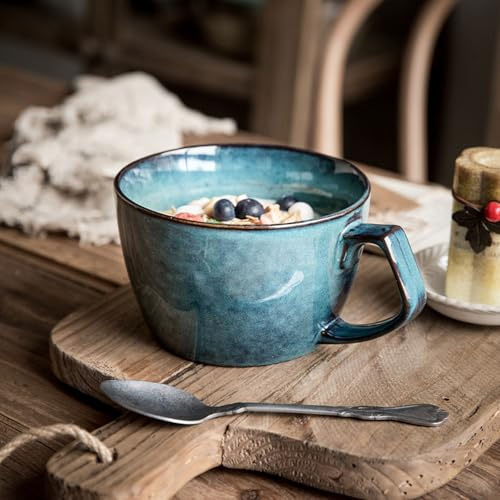 600 ml große Kaffeetasse, Suppentasse aus Keramik mit Henkel, Kaffee-/Teetasse, Müslischalen, Suppen, Ramen-/Salatschüssel, Kaffee-/Cappuccinotasse, spülmaschinenfest und ofenfest (Sydney Blau)