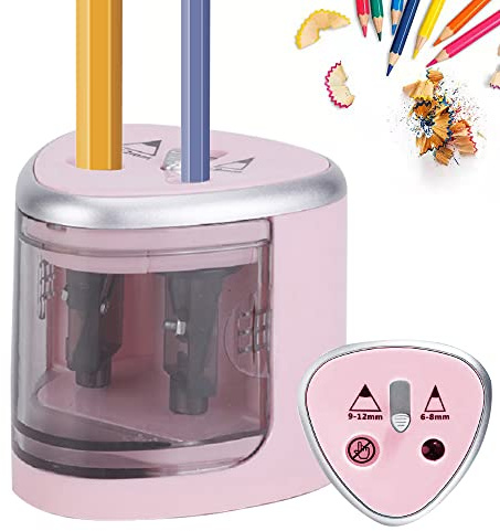 Elektrischer Bleistiftspitzer für Kinder, batteriebetrieben, Netzbetrieb, JIJICZ Doppelloch, robust, automatischer Bleistiftspitzer, kabellos mit großem Behälter für Heimbüro, Lehrer, Künstler, Rosa