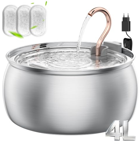 TOMXCUTE Katzenbrunnen 4L Edelstahl mit Schwanenhals für mehrere Haustiere | Spülmaschinenfester und ultra-leiser Trinkbrunnen mit 3 Kohlefiltern für Katzen und kleine Haustiere