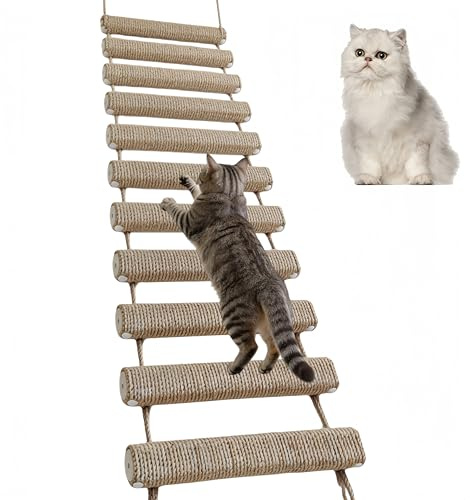 Katzenleiter, Katzenleiterbrücke für Wand Sisalseil Klettergerüst Kletterwand Katzen Aktivitätskratzbäume Katzen Hängematte Katzenwand Haustiermöbel Katzentreppe (Khaki, 150 cm, 1)
