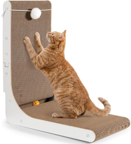Gimars Hohe 47cm L förmige Kratzbrett Katze mit Ball, Vertikaler kratzpappe für Katzen, Langlebiges Katzenkratzbrett, Katzenspielzeug zum Schutz von Möbeln und Sofas, Groß