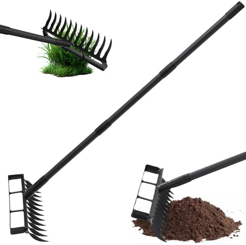 Gartenhacke mit Stiel,195 cm Long Handle Unkrautharke Metall, 2-in-1-Multifunktions-Gartenhacke mit 12 Zinken zum Auflockern, Jäten und Pflanzen