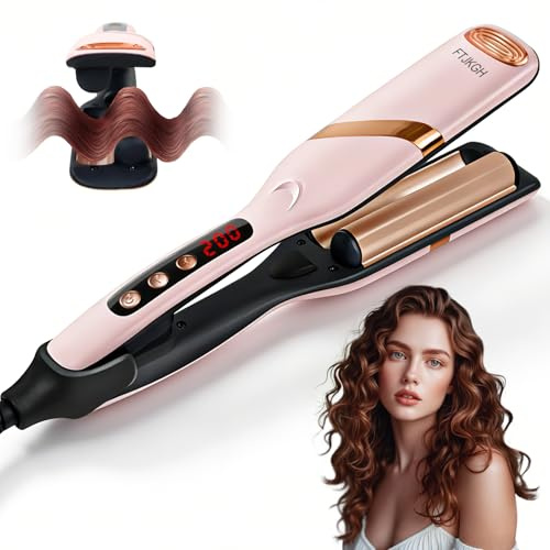 FTJKGH Welleneisen für Haare, Lockenstab Große Locken Geeignet für Anfänger 32mm Beach Waves Wellenstab 30s Schnelles Aufheizen mit 5 Temperaturen LED-Anzeige Anti-Verbrühung Doppel Lockenstab