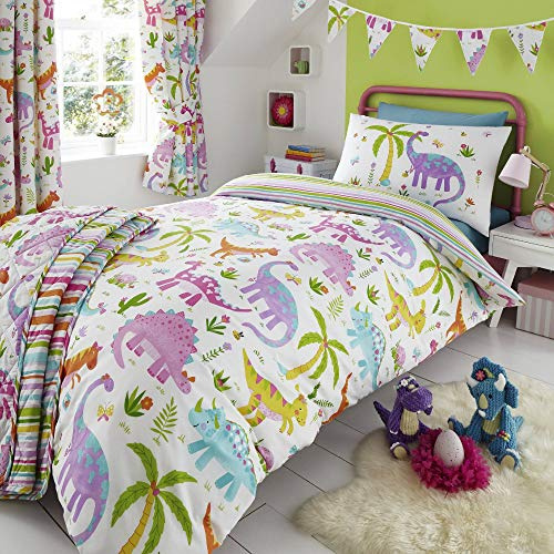 Happy Linen Company Mädchen Bettwäsche-Set - Dinosaurier-Motive - wendbar - Rosa & Weiß - Kleinkind