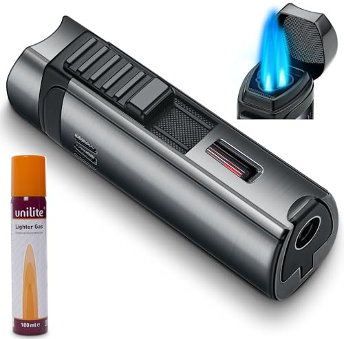 UNILITE Feuerzeug mit Gas befüllt – Sturmfeuerzeug mit Jetflame – Mit 100 ml Butan Gas im Set – Elektronisches Gasfeuerzeug befüllt & nachfüllbar –Jetflamme – Premium Feuerzeug, Sturmfeuerzeug