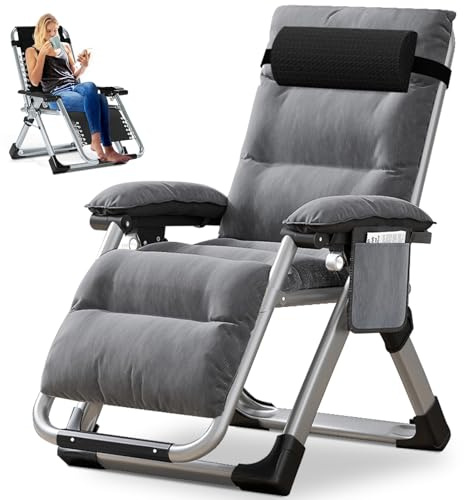 Ryuhic Gartenliege Sonnenliege Liegestuhl Klappbar Strandliege Grau | 200KG Belastbar Zero Gravity Chair mit Kissen und Becherhalter, Verstellbare Relaxliege Balkonliege für Patio Strand Pool