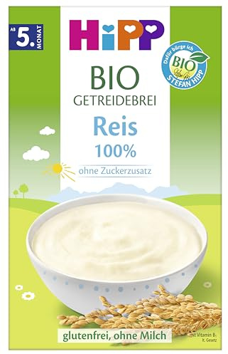 HiPP Bio Getreidebrei 100% Reis (7 x 200g), ab 5. Monat, ohne Zuckerzusatz, mit Vitamin B1, ohne Milch, glutenfrei, schonende Verarbeitung - sanft zu Babys Bäuchlein